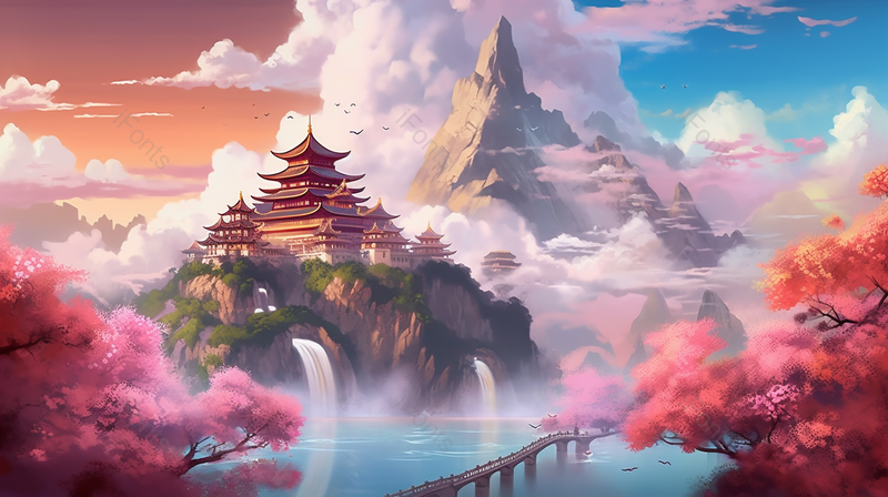 国潮风黄鹤楼地标建筑山水瀑布飞流而下插画,插画/手绘图,插画/手绘图库,插画/手绘图下载,插画/手绘